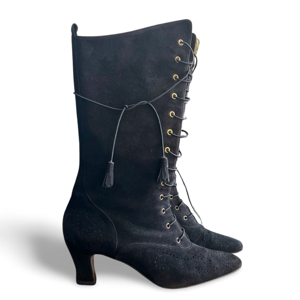 🔻1800$ ESCADA Vintage Black Victorian Witch Granny Suede Lace-Up Boots Size 7.5 - Picture 4 of 6